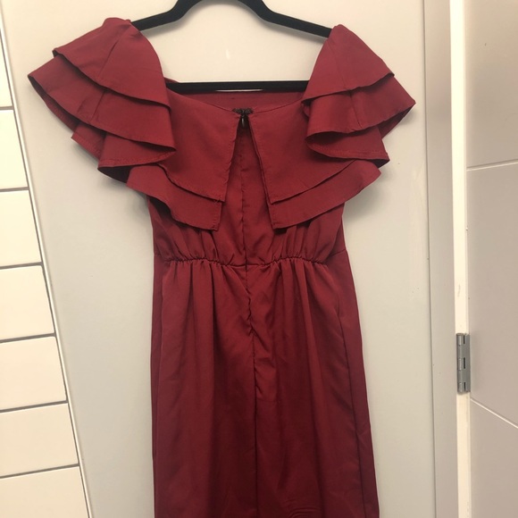 Red Off Shoulder Ruffle Detail Cocktail Dress - Picture 4 of 4